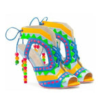 Women's Triangle Patchwork Beaded Lace-Up Sandal Boots