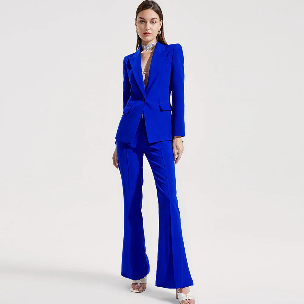 Women's Single Button Blazer and Flared Pants Suit Set