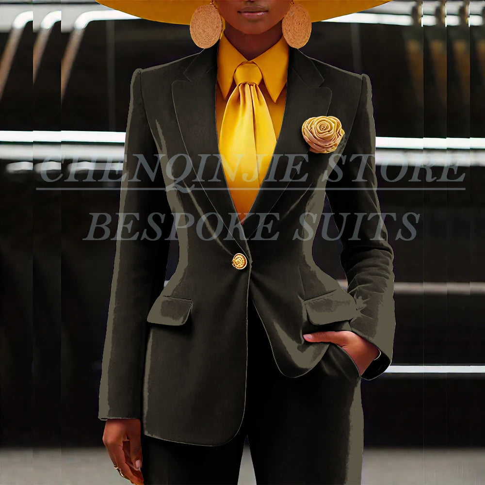 Women's Velvet Notch Lapel Slim Fit 2 Piece Pants Suit
