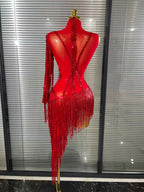 Women's Crystal Sequins Tassel One Shoulder Bodycon Midi Dress