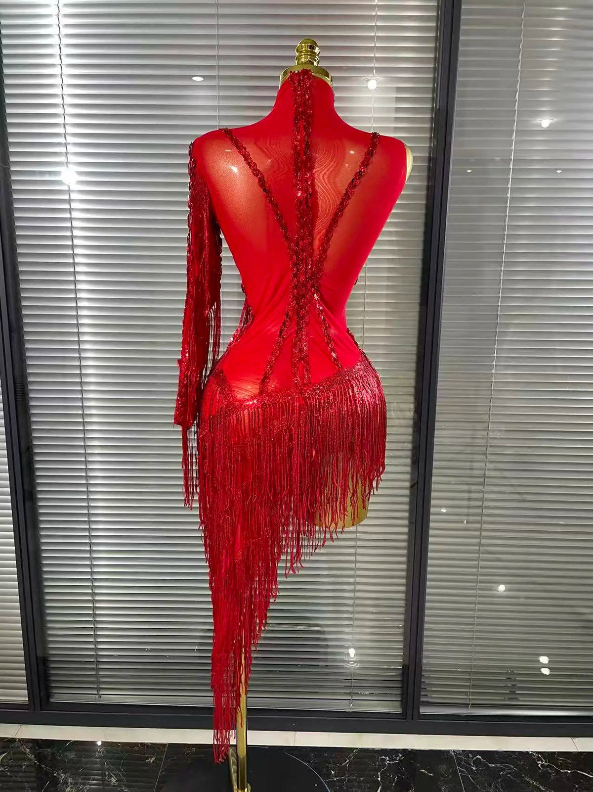 Women's Crystal Sequins Tassel One Shoulder Bodycon Midi Dress