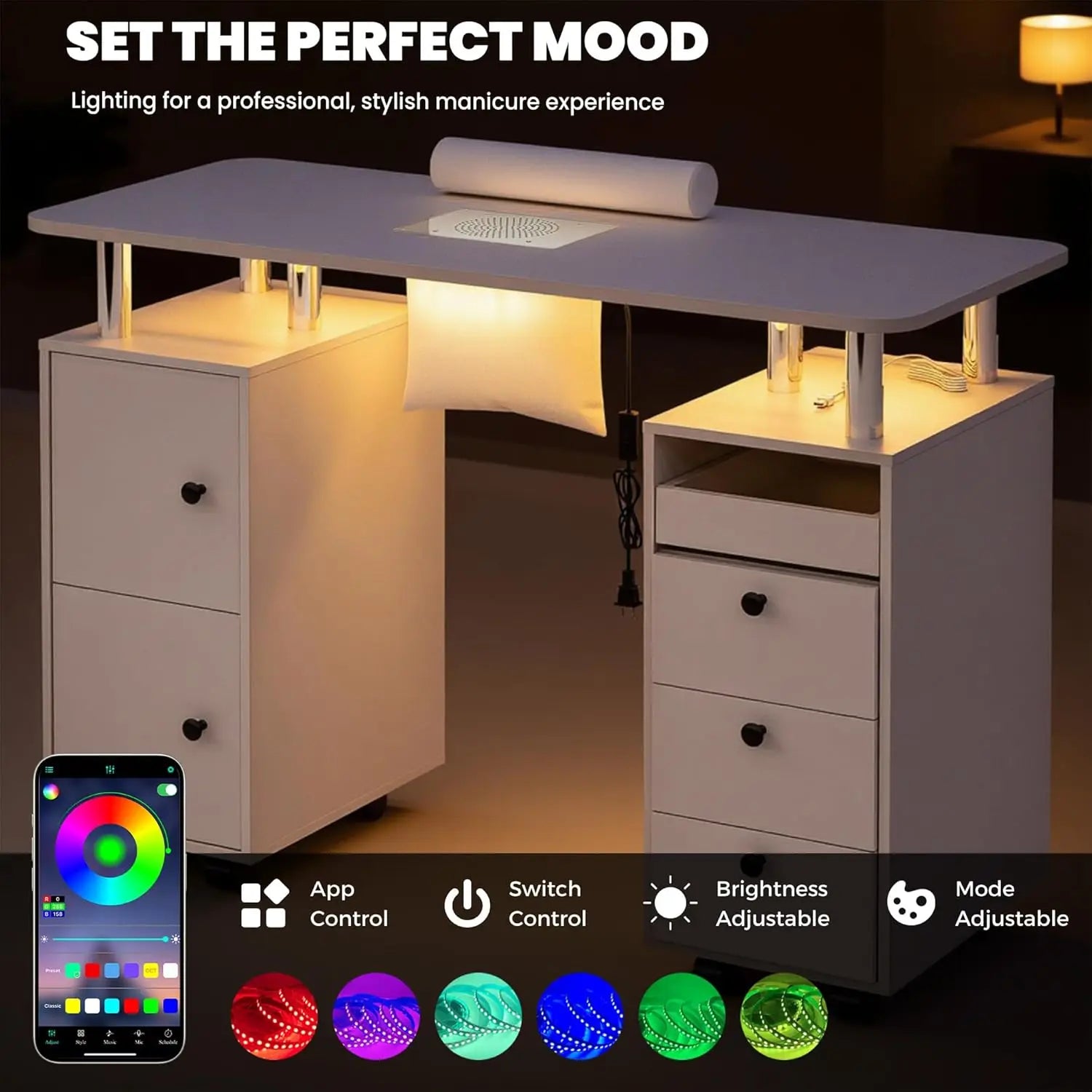 Rolling Manicure Table Nail Desk with Dust Collector and LED Lights White