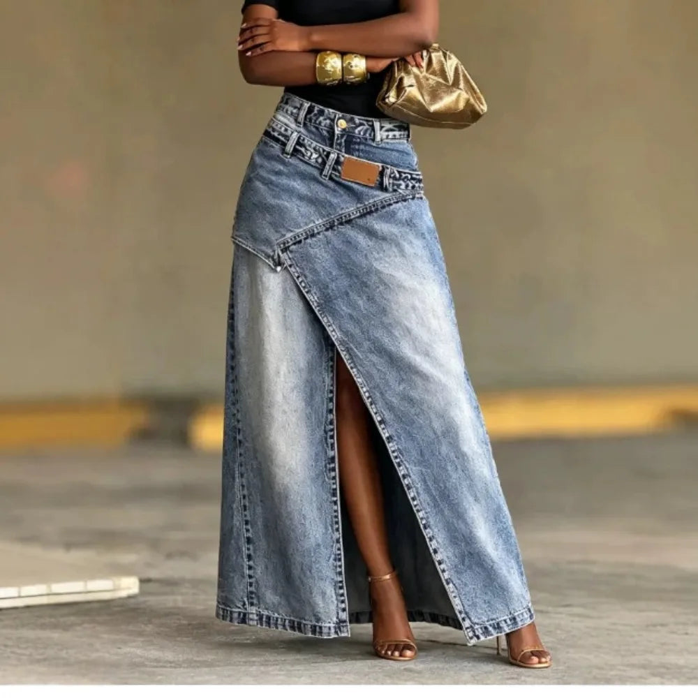 Women's Washed Denim Maxi Skirt High Waist Asymmetric Front Slit