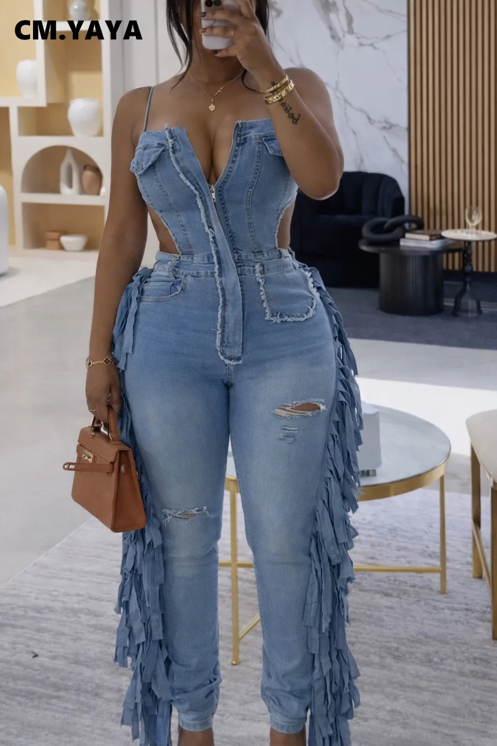 Women's Sleeveless Denim Jumpsuit Backless Tassel Strap Playsuit Blue