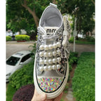 Women's Thick Sole Canvas Sneakers Crystal Pearl Studs Butterfly Knot