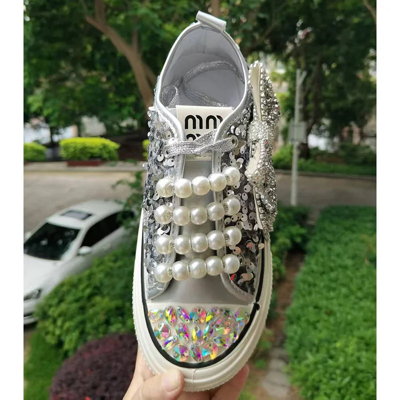 Women's Thick Sole Canvas Sneakers Crystal Pearl Studs Butterfly Knot