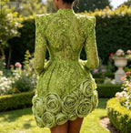 Women's 3D Floral Long Sleeve Mini Cocktail Dress