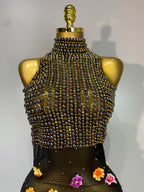 Women's Sexy Rhinestone Flower See Through Maxi Dress