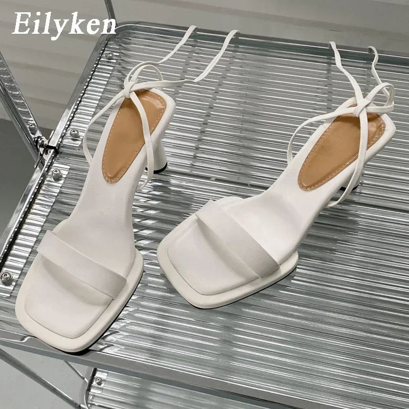Women's Square Toe Lace Up High Heel Sandals