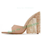 Women's Crystal Dangle Pointed Toe High Heel Mules