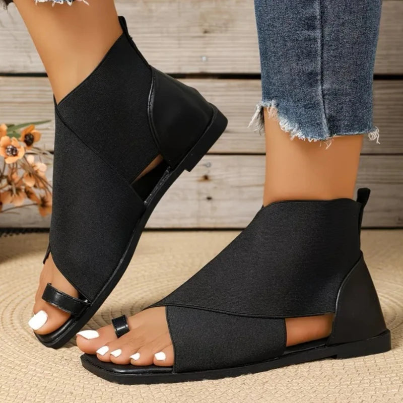 Women's Square Toe Gladiator Sandals Elastic Strap Flat Summer Shoes