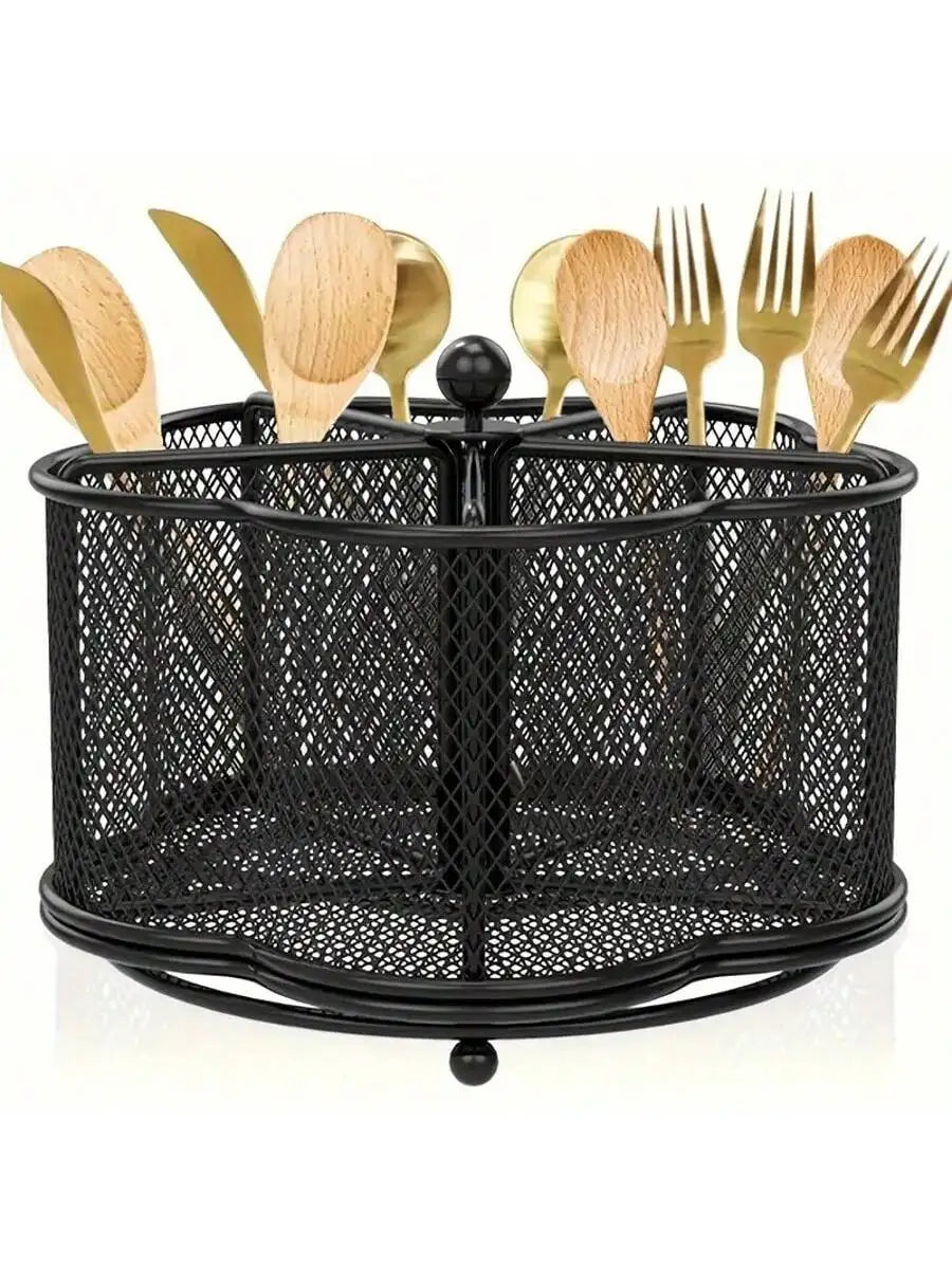 Rotating Metal Utensil Holder and Mesh Flatware Organizer