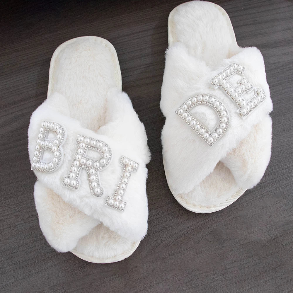 Women's Fuzzy Bride Letter Soft Plush Slippers