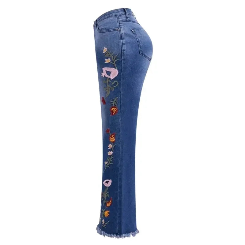 Women's High Stretch Flared Jeans with Embroidery Royal Blue