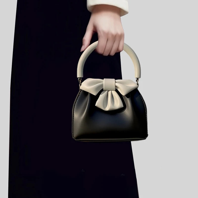 Women's Pleated Bow Contrast Color Bucket Bag