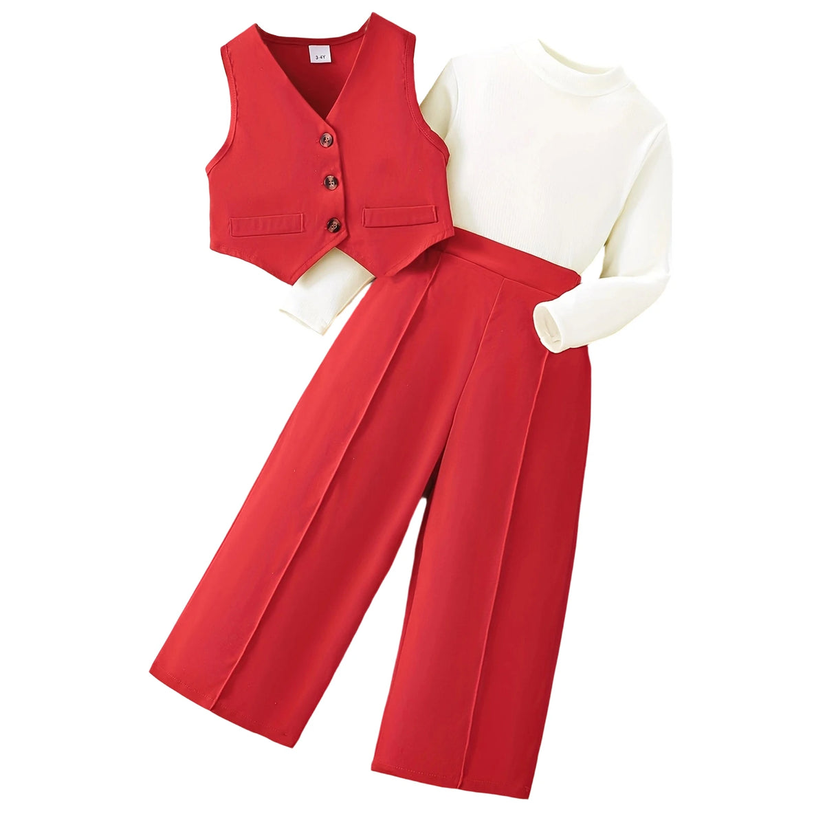 Girls' Solid Long Sleeve Tops Waistcoat Wide Leg Pants Three-Piece Set