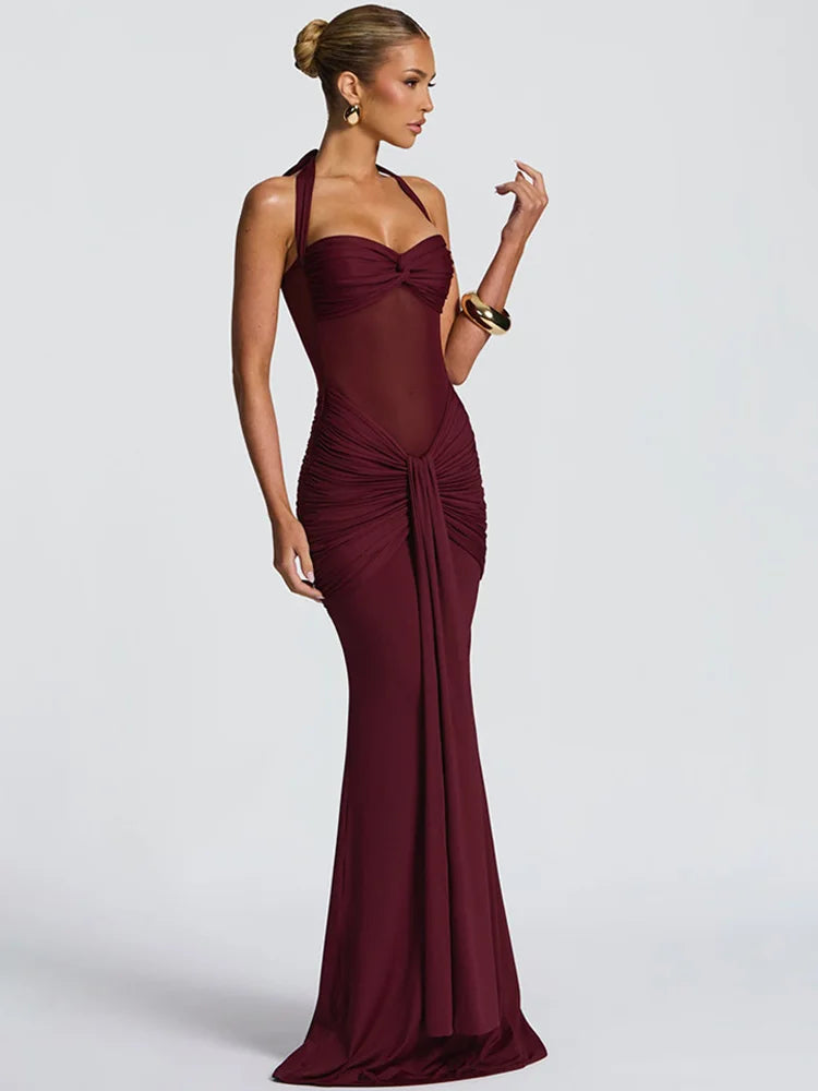 Women's Sexy Mesh Patchwork Halter Ruched Maxi Dress