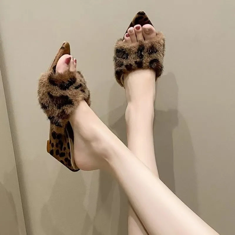 Women's Fluffy Open Toe Wedge Slippers a19