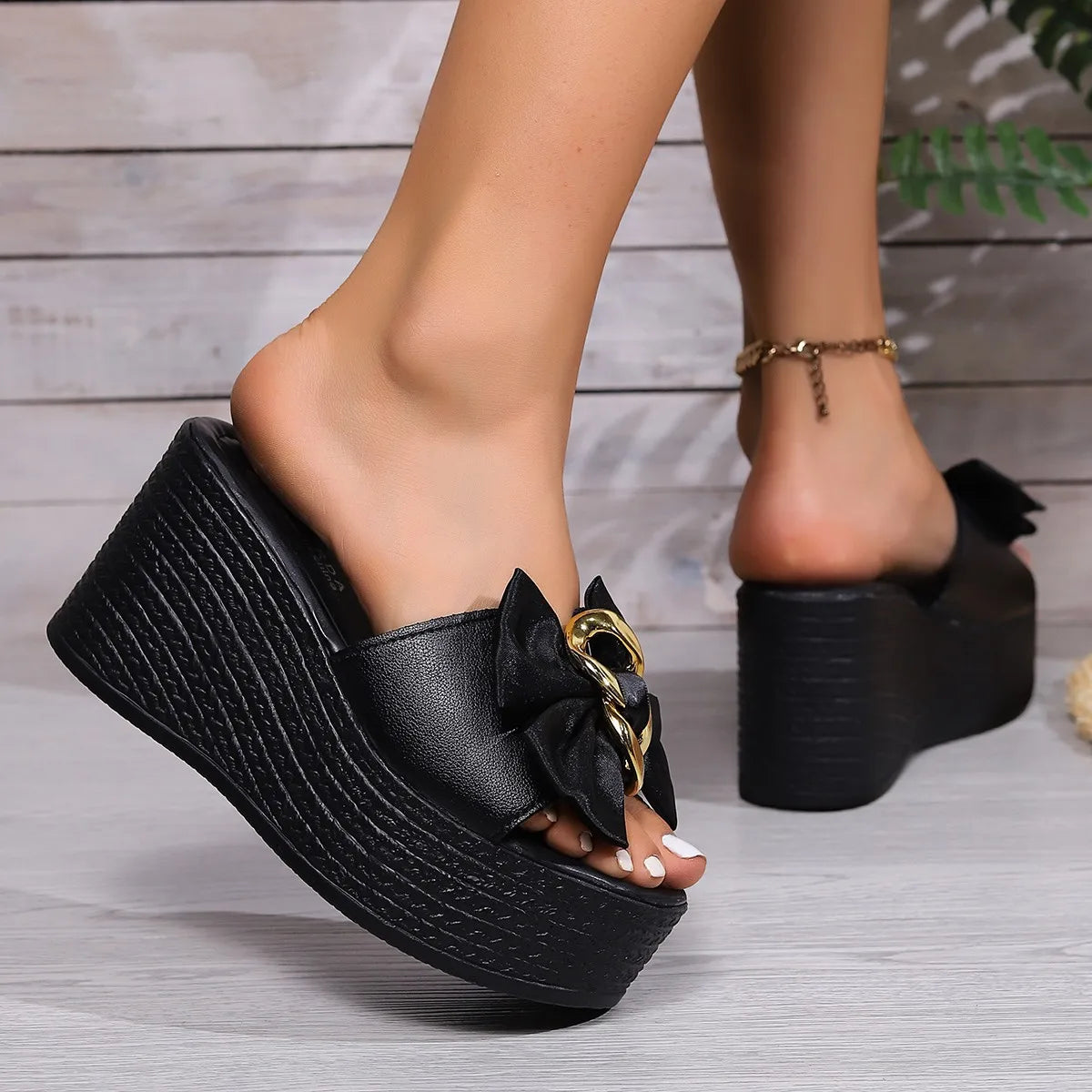 Women's Wedges Sandals Platform Slip-On High-Heeled Casual Shoes Black