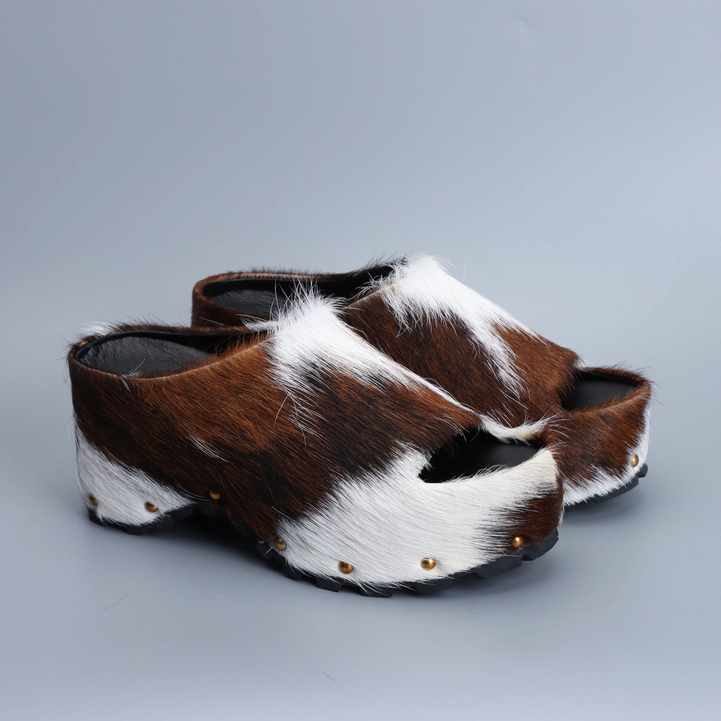 Women's Luxury Calf Hair Mules Platform Sandals Slip-On Slides