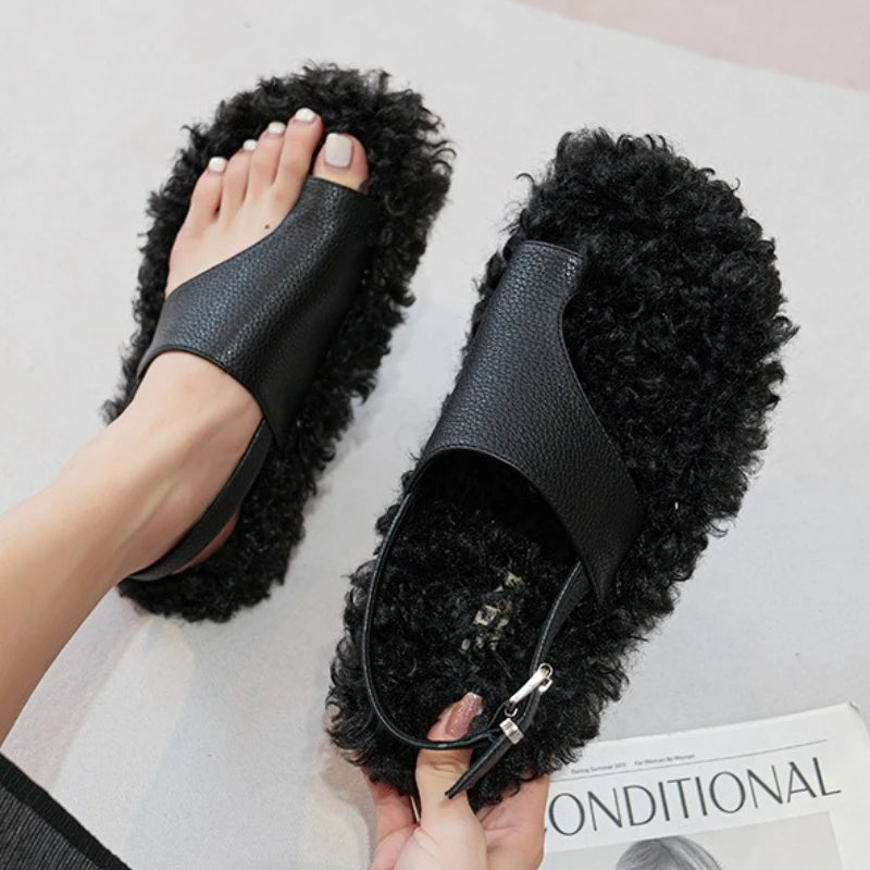 Women's Fluffy Clip Toe Back Strap Slippers with Buckle