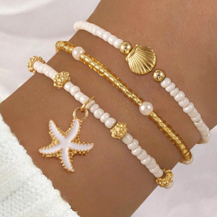 Women's Fashion Bohemian Shell Starfish Stacked Pearl Bead Bracelet Set