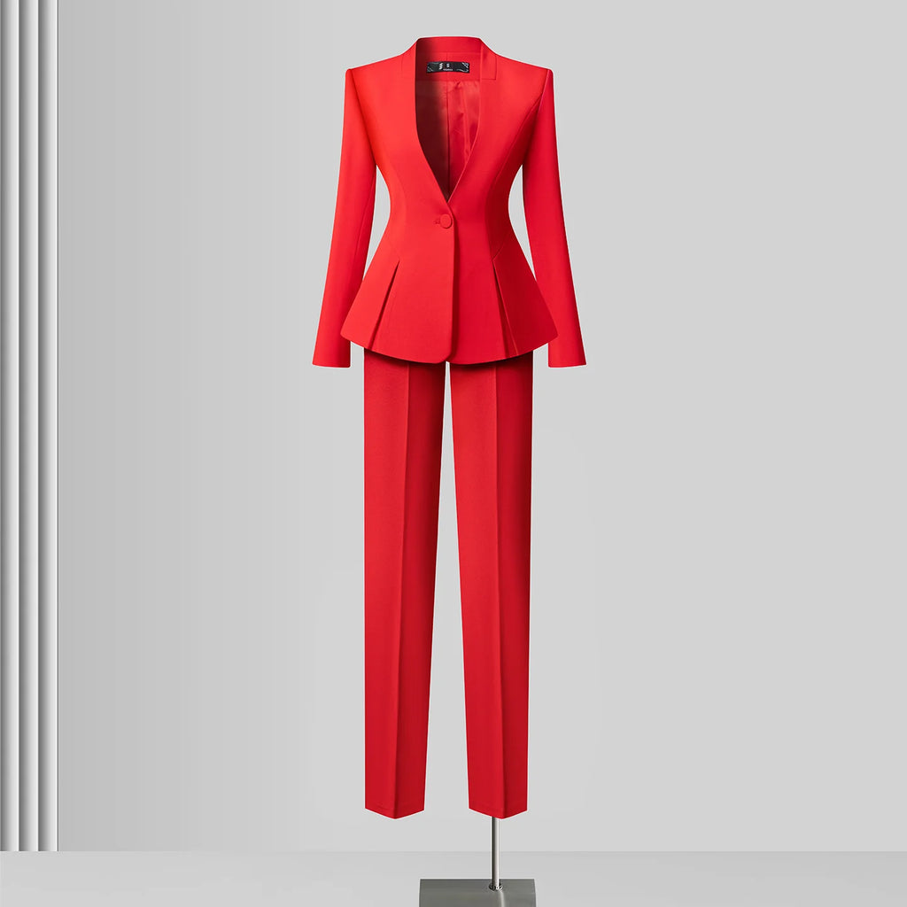 Women's Solid Long Sleeve Blazer Flare Pants Suit