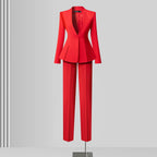 Women's Solid Long Sleeve Blazer Flare Pants Suit