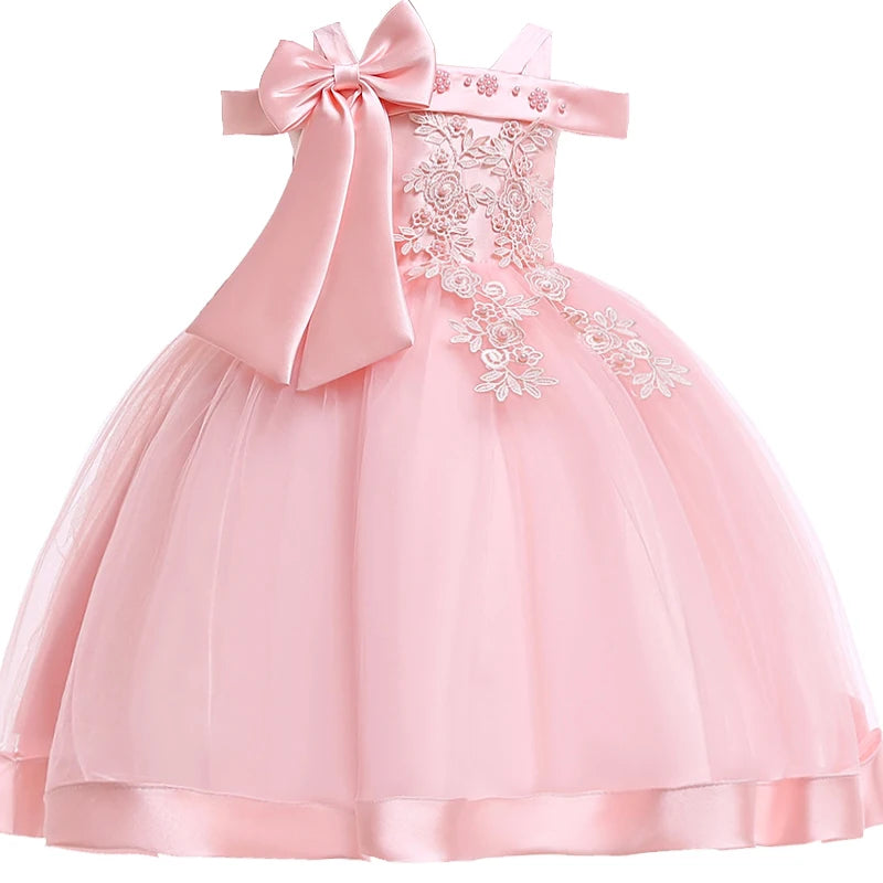 Girls' Flower Applique Bow Princess Ball Gown Dress