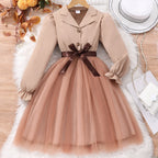 Girls' Solid Lapel Mesh Belted Dress QZ24194A