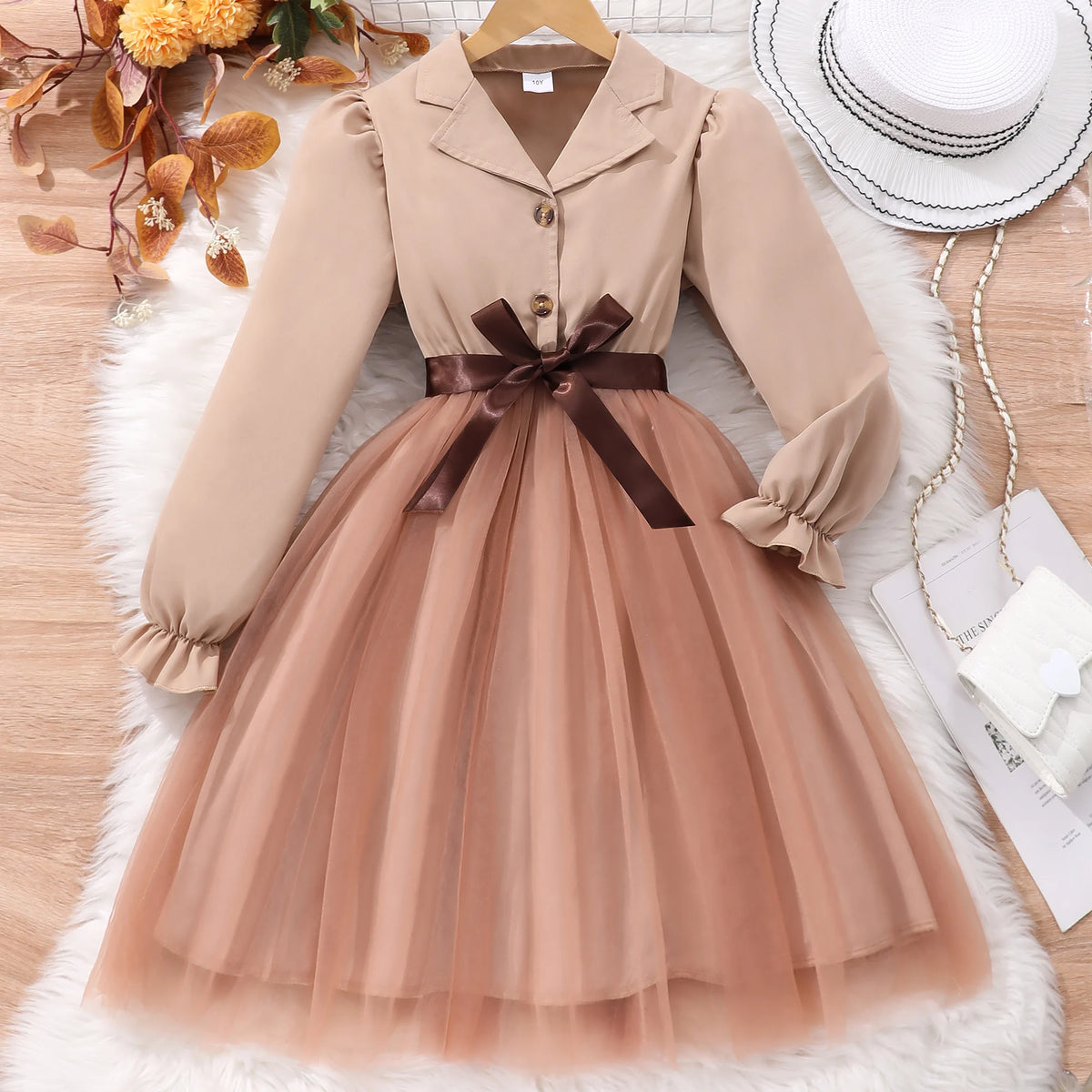 Girls' Solid Lapel Mesh Belted Dress QZ24194A