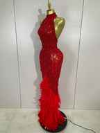 Women's Sparkly Rhinestones Feather Mesh See Through Long Dress