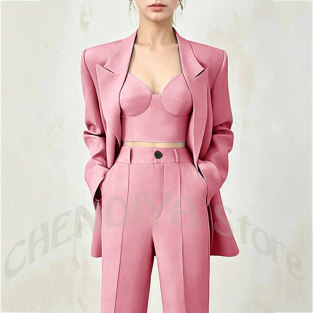 Women's Single Button Tailored Blazer and Pants Suit Set