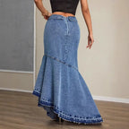 Women's Slim Fit High Waist Fishtail Denim Skirt Blue