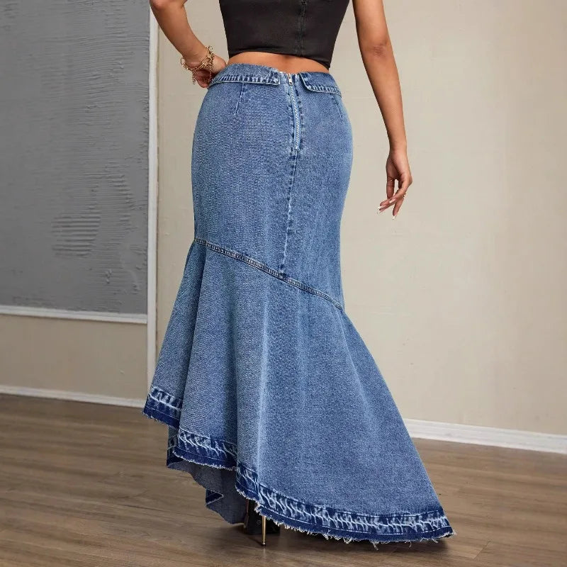 Women's Slim Fit High Waist Fishtail Denim Skirt Blue