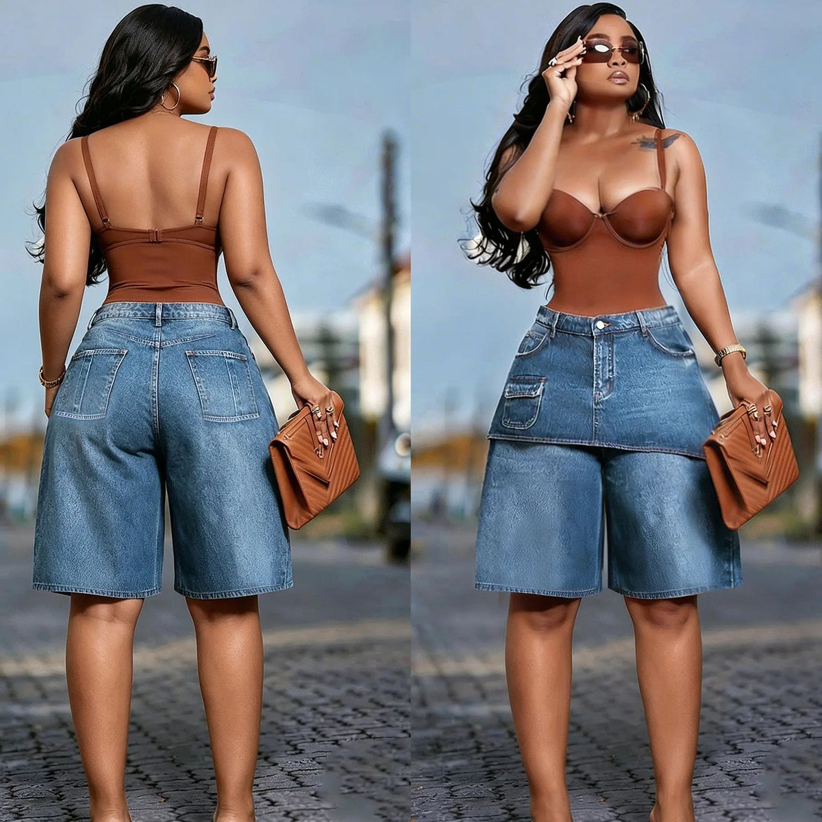 OKAYOASIS Women's High-Waisted Denim Cargo Shorts Vintage Streetwear Blue