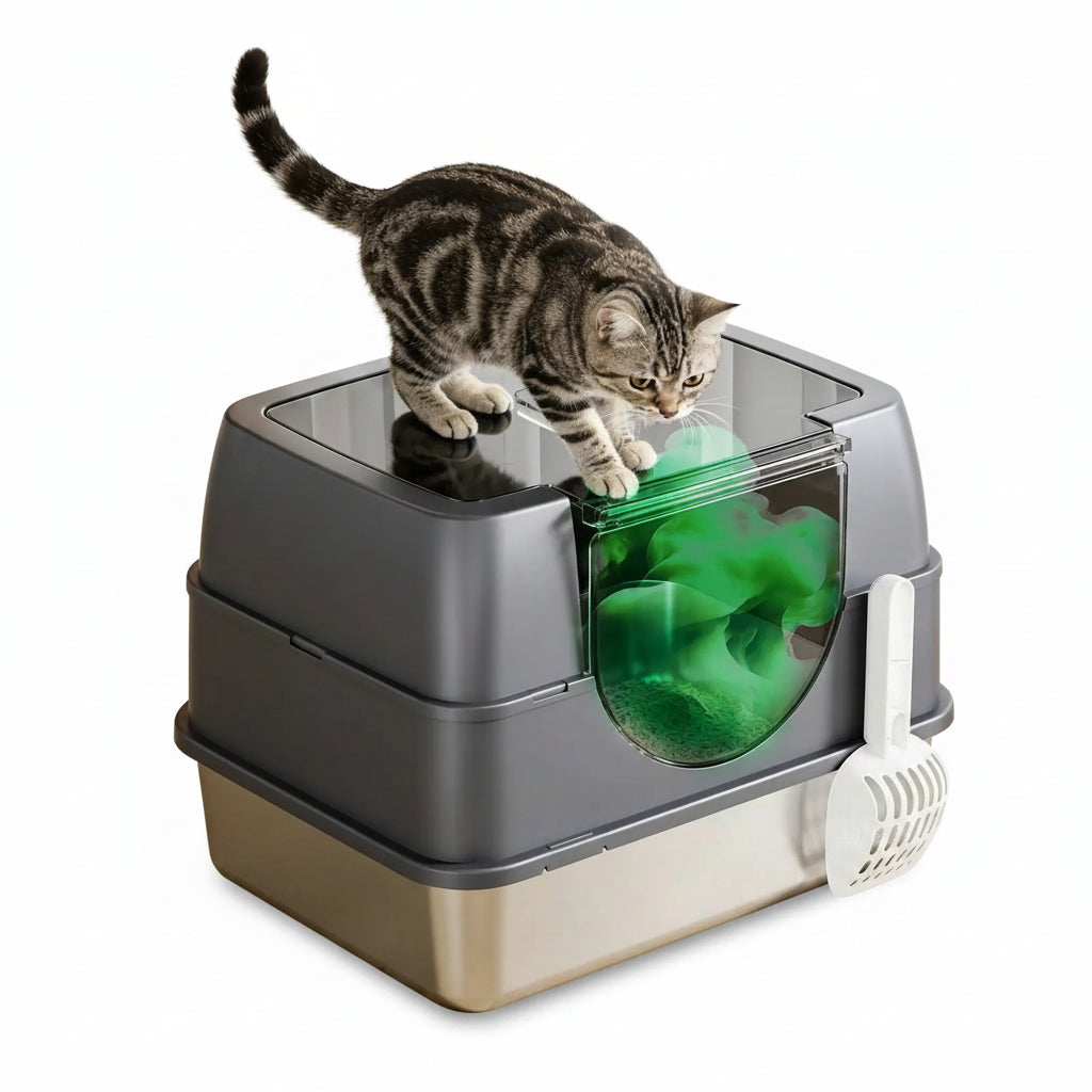 Stainless Steel Enclosed Cat Litter Box with Lid and Splash-Proof Sides