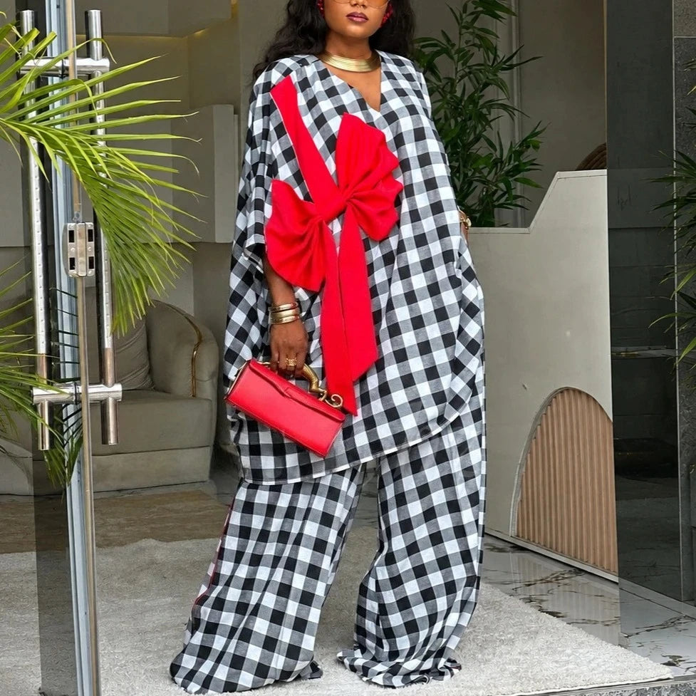 Women's Plaid Bow Tunic Top Wide Leg Pants Set