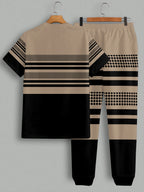 Men's Casual Striped Print Long Sleeve T-Shirt and Drawstring Pants Set