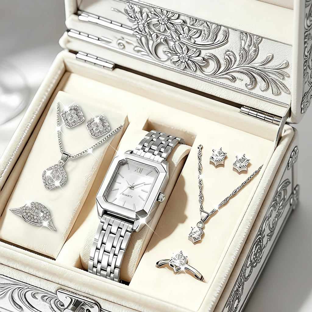 Women's Quartz Watch and Jewelry Set Stainless Steel Trio