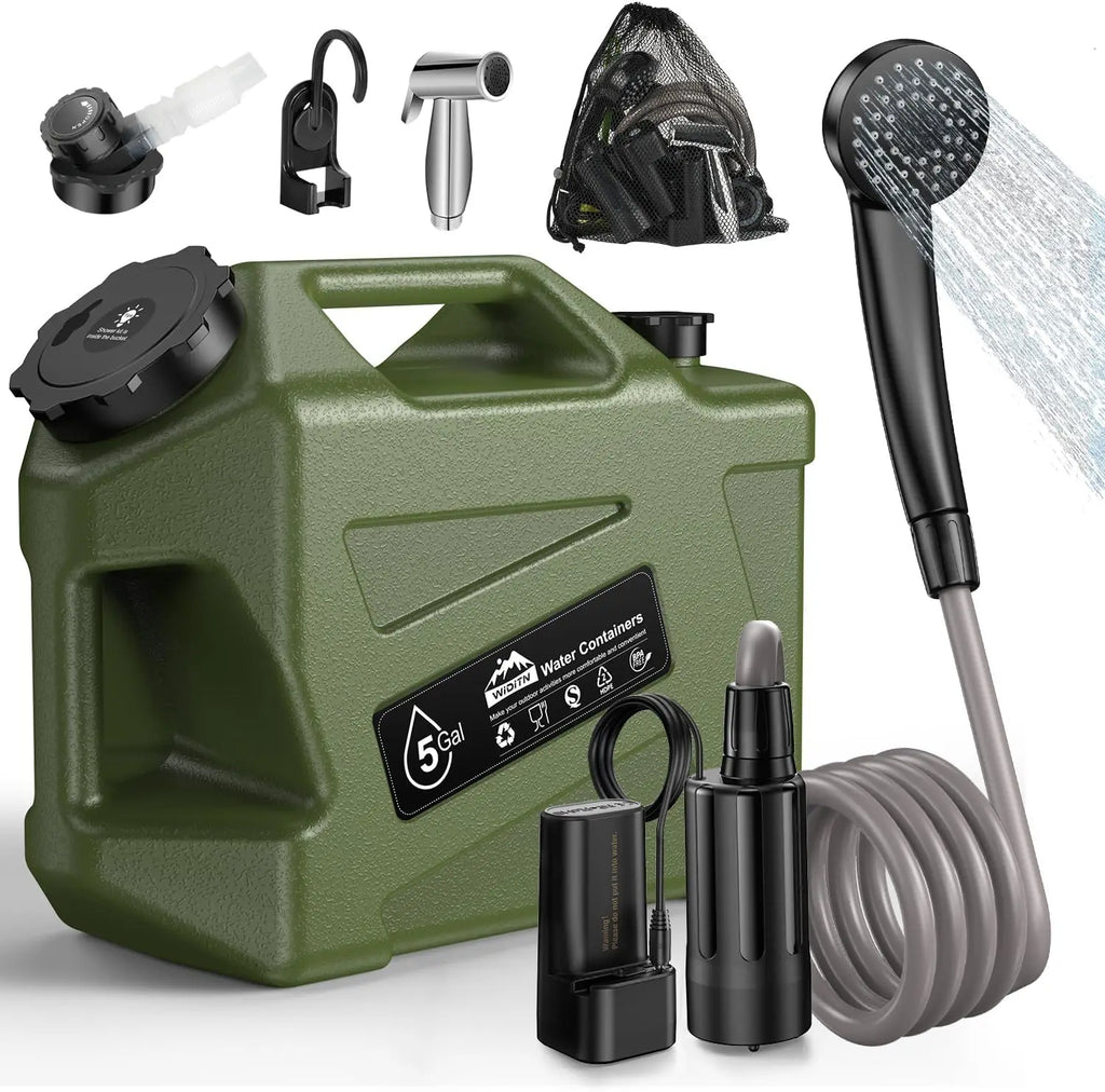 Portable Camping Shower with Rechargeable Pump and 5-Gallon Water Jug