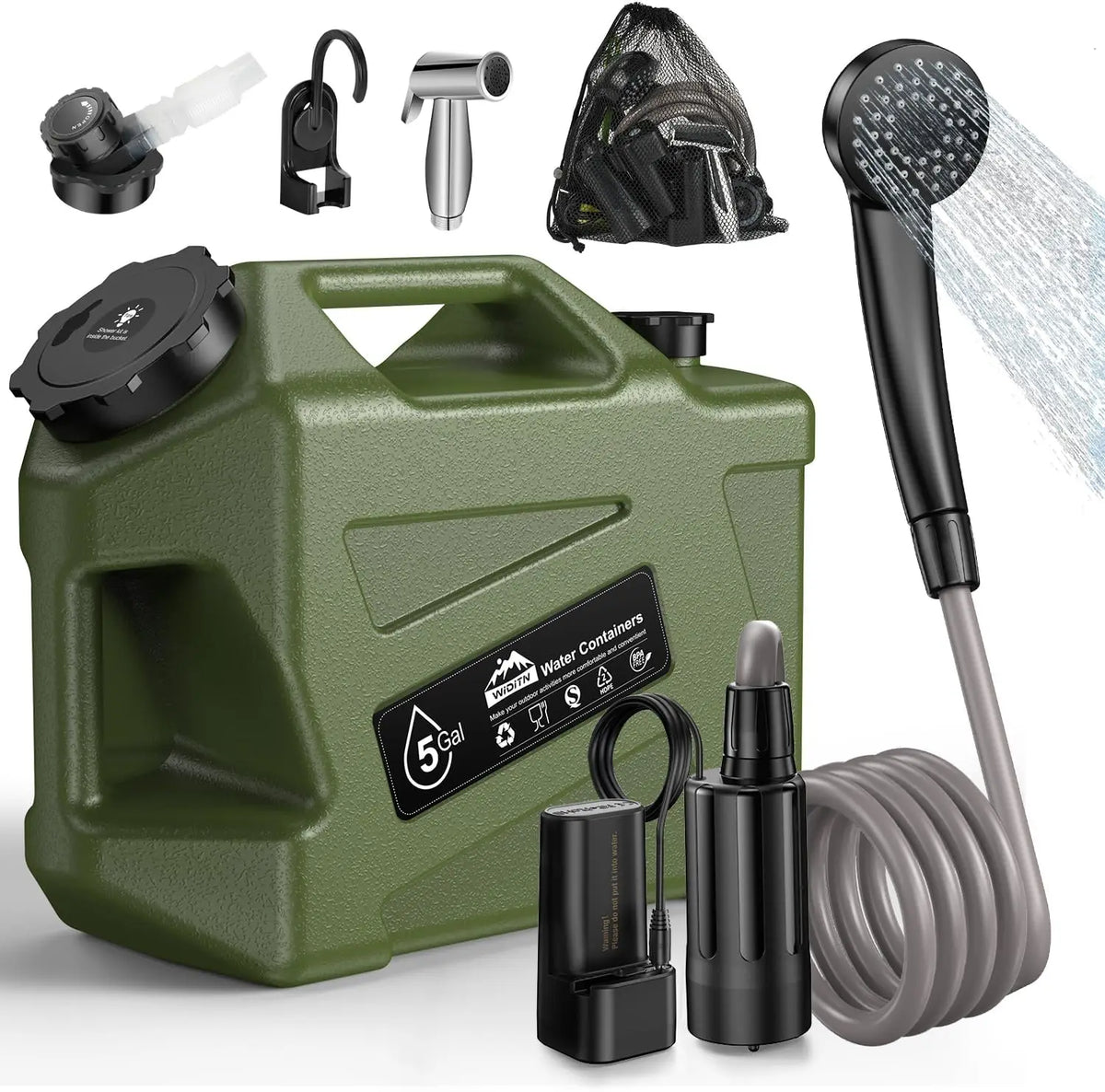 Portable Camping Shower with Rechargeable Pump and 5-Gallon Water Jug