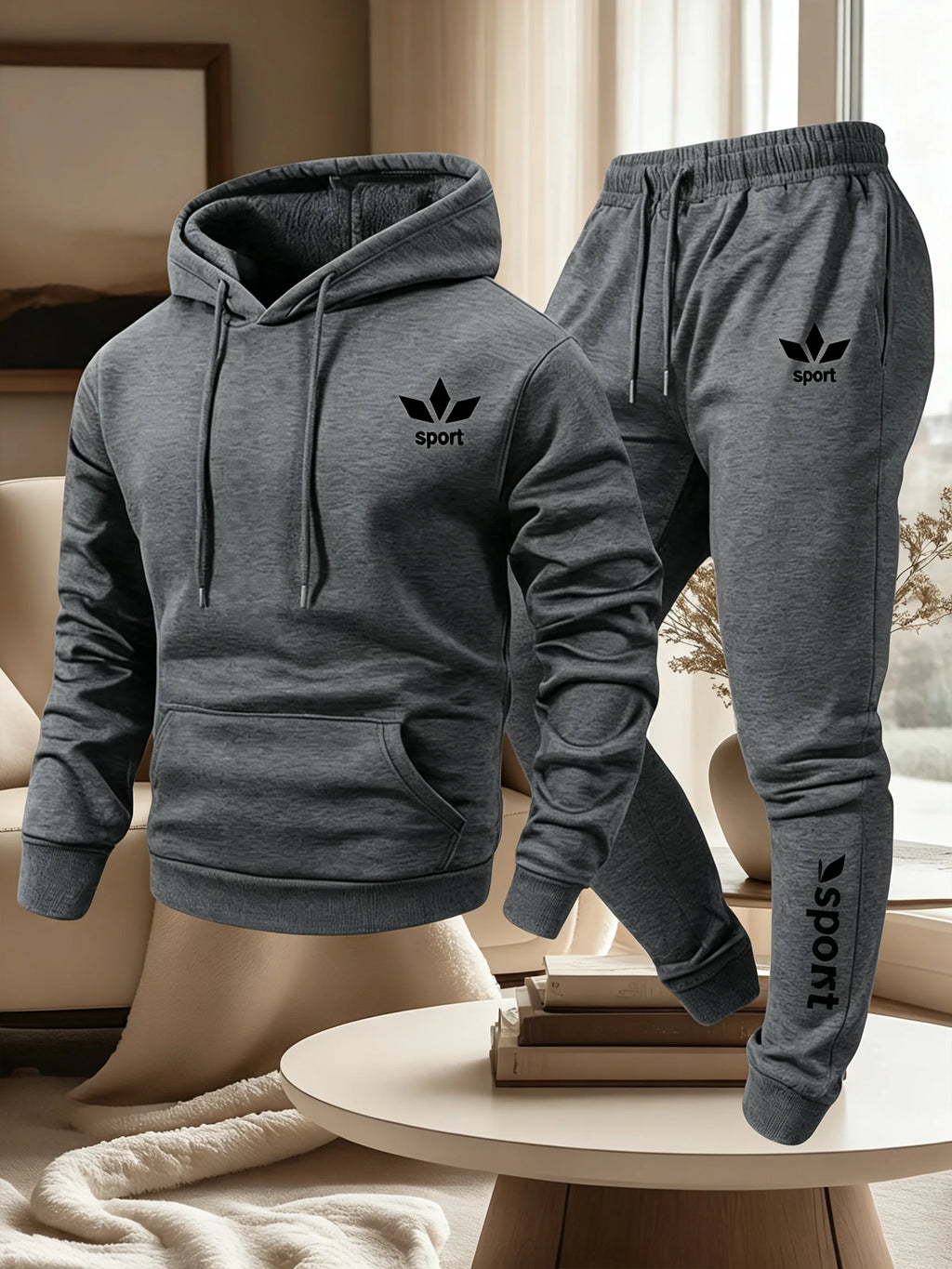 Men's Warm Fleece Lined Printed Hoodie and Jogger Pants Tracksuit Set