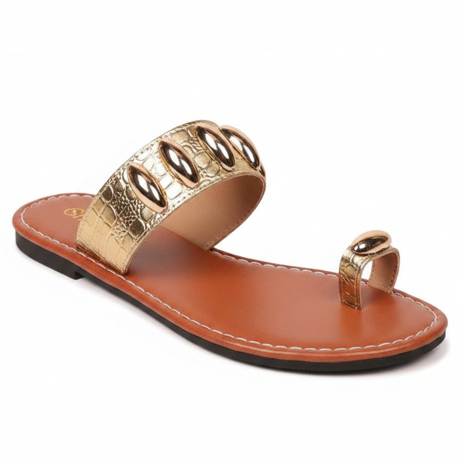 Bohemian Gold Embellished Flat Sandals with Toe Ring