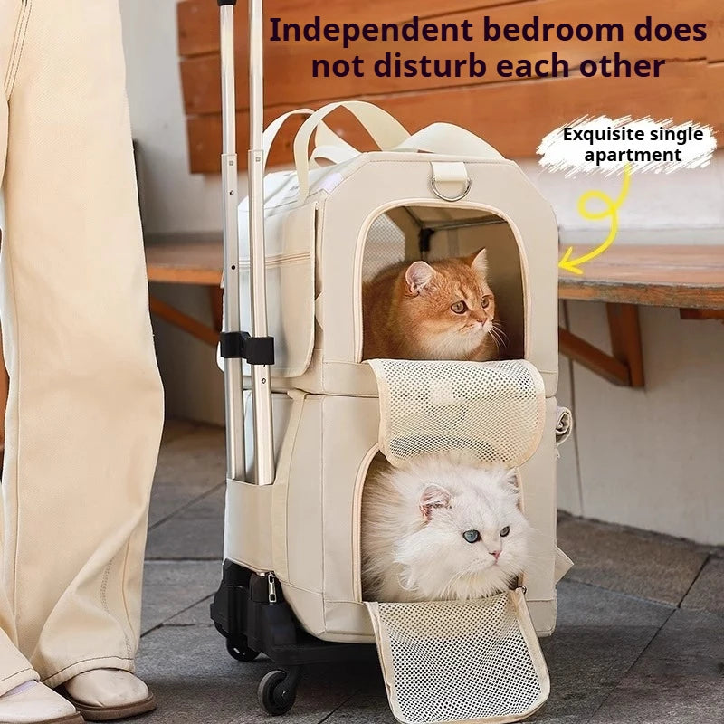 Foldable Double-Layer Pet Carrier with Wheels Breathable Travel Trolley for Two Cats