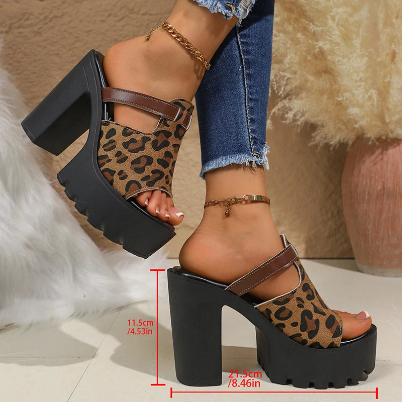 Women's Leopard Print Chunky Platform Sandals Peep Toe Heels