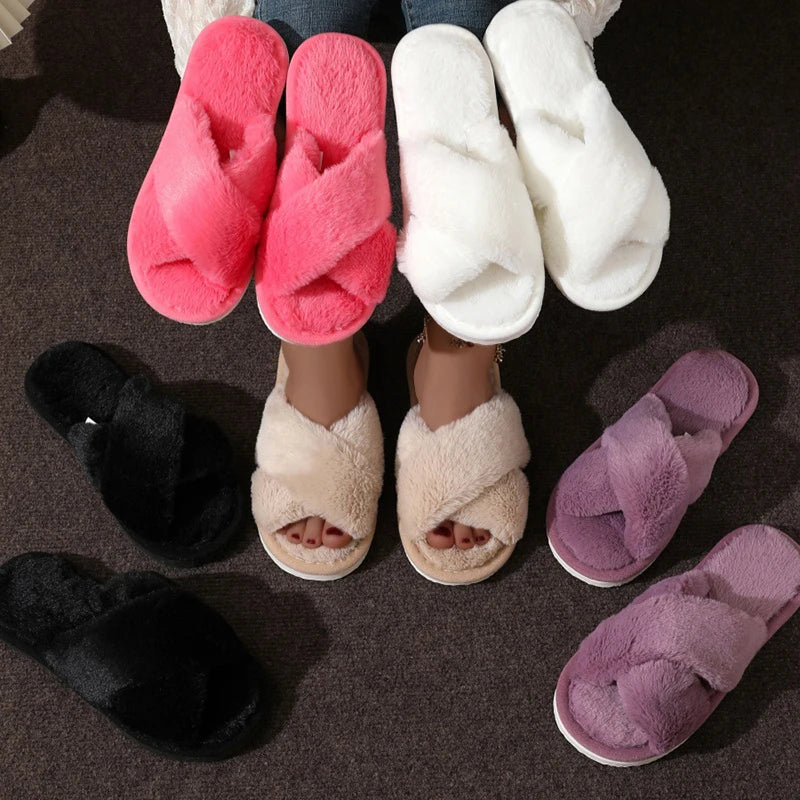 Women's Open-Toe Cross Strap Fluffy Fur Slippers Lightweight Flat Slides