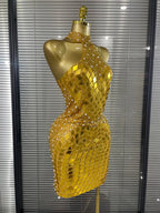 Women's Sexy Rhinestone Mirror Off the Shoulder Bodycon Mini Dress