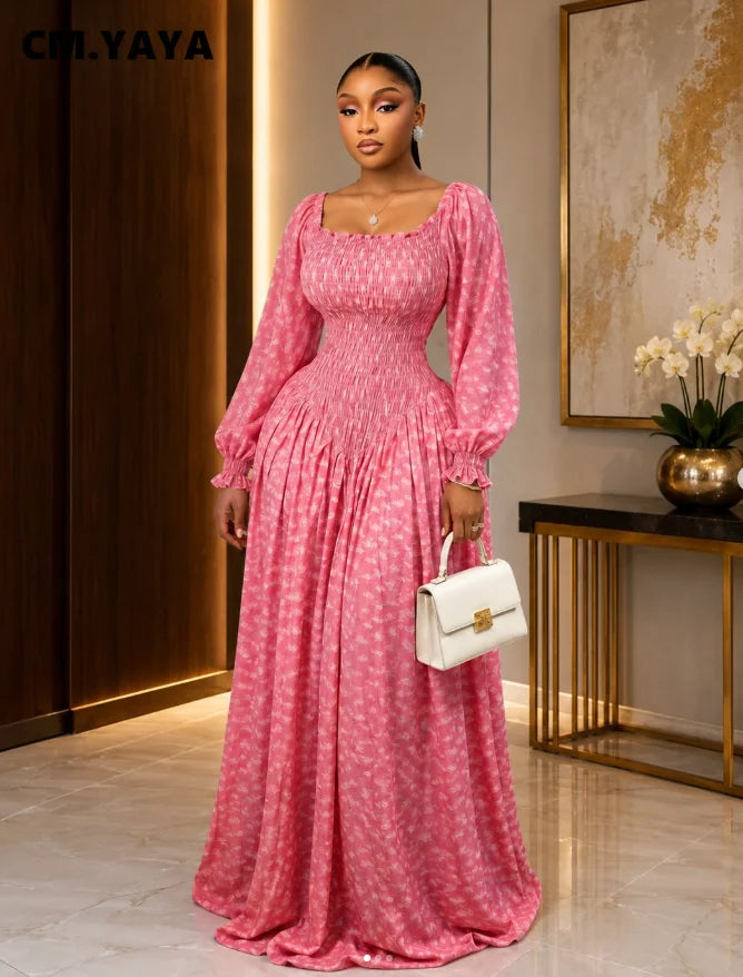 Women's Printed Square Neck Long Sleeve Maxi Dress