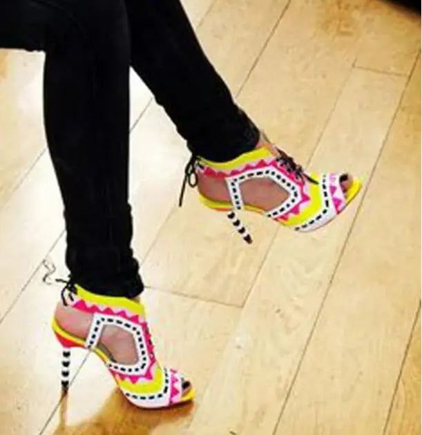 Women's Triangle Patchwork Beaded Lace-Up Sandal Boots